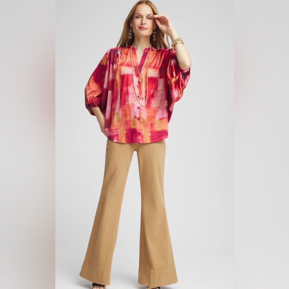 Chico’s Satin Dolman Sleeve Shirt SZ‎ 1.5/L Split Neck 3/4 Sleeve Pink Blossom